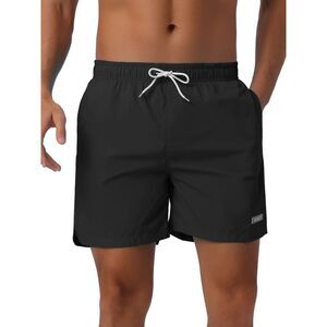 Summer Drawstring Elastic Waist Mesh Lining Solid Board Shorts Black